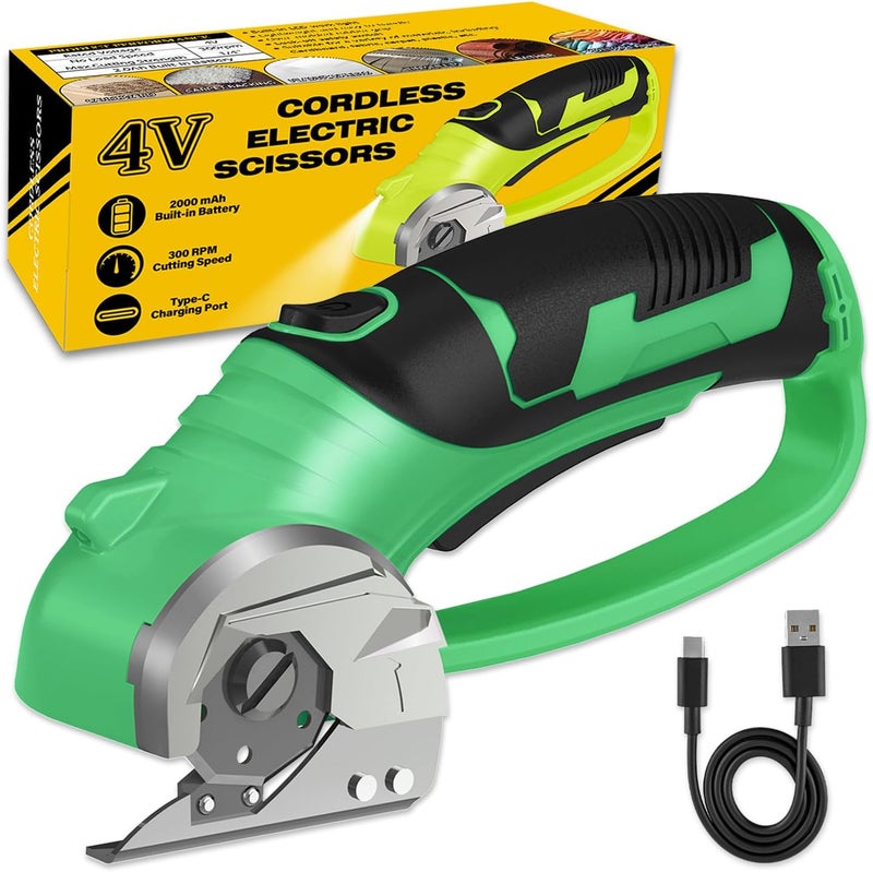 Pratuor Cordless Electric Scissors, 4V Box Cutter & Cardboard Cutter with Upgrade Blade, LED Light, Safety Lock - Rechargeable Rotary Cutter for Fabric, Leather, Plastic, Sewing, Industrial (Lime Green) - Image 1
